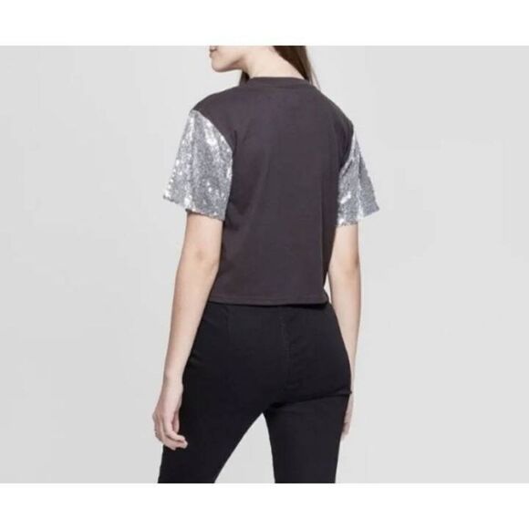 MIGHTY FINE SILVER & BLACK SEQUIN ARM CROP T-SHIRT SZ.XS EUC - Picture 2 of 5